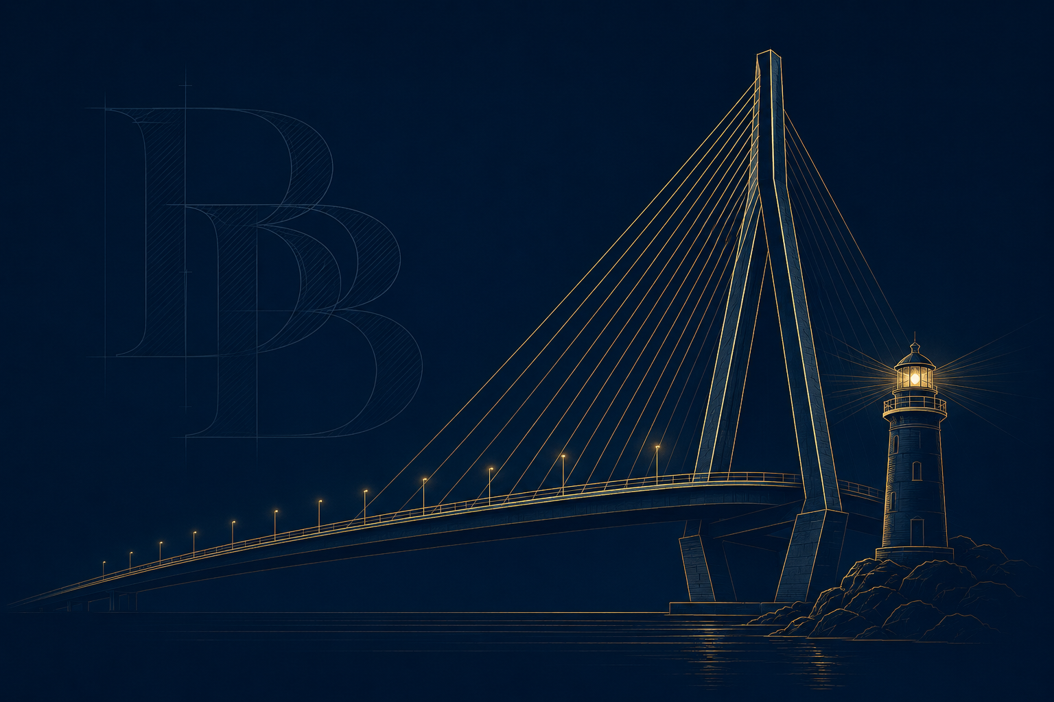Beacon Bridge Partners — illustration of a cable-stayed bridge reaching a lighthouse at the shoreline.